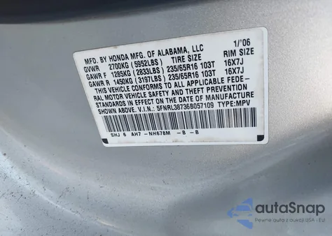 2006 Honda Odyssey Ex-L z USA, uszkodzony, nr VIN 5FNRL38736B057109